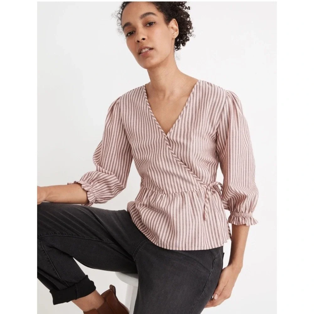 Madewell Pink Stripe Wrap Blouse Sweet Tulip Top 3/4 Puff Sleeve Tie Waist XS